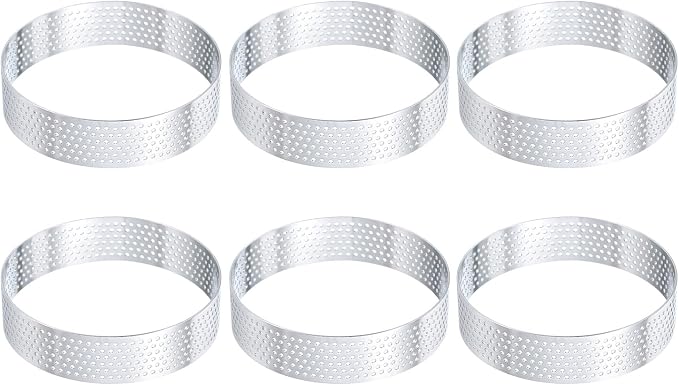 HARFINGTON 6Pcs Stainless Steel Tarts Rings 3.1" Perforated Metal Circle Baking Dessert Mousse Round Cake Ring Non Stick for Home Kitchen Food Cheese Making Tool