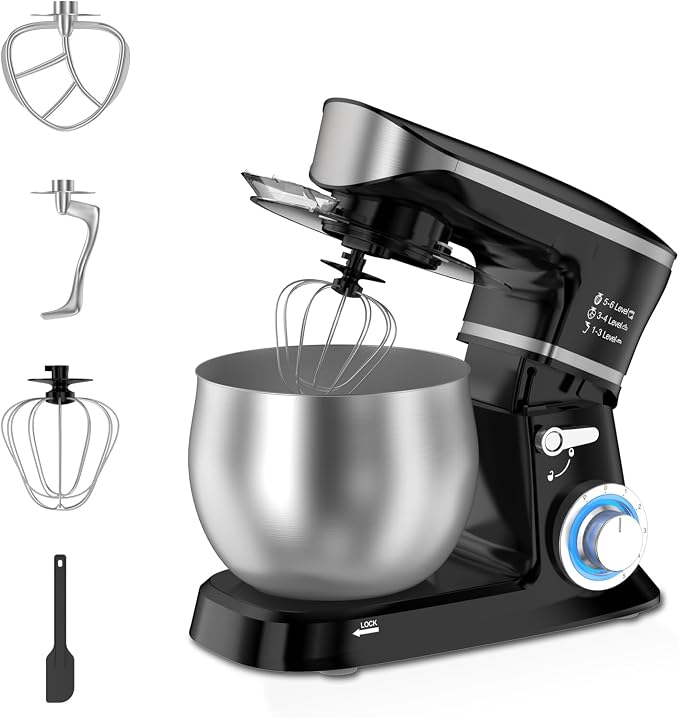 Electric Stand Mixer, Kitchen Mixer 6.5-Quart Tilt-Head, 6 Speeds with Dough Hook, Whisk, Beater, and Splash Guard, Stainless Steel Bowl for Baking