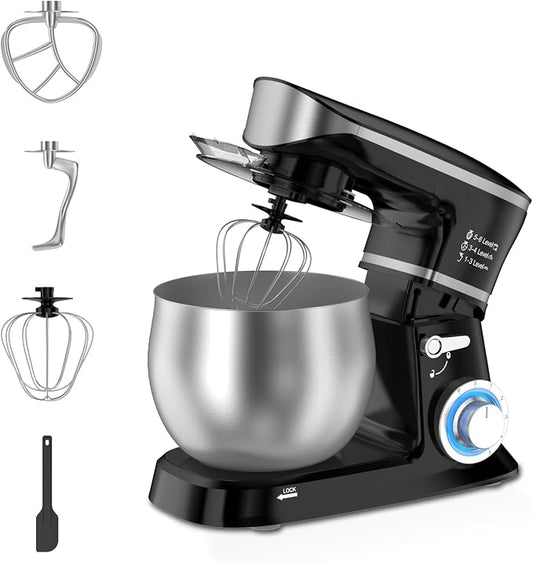 Electric Stand Mixer, Kitchen Mixer 6.5-Quart Tilt-Head, 6 Speeds with Dough Hook, Whisk, Beater, and Splash Guard, Stainless Steel Bowl for Baking
