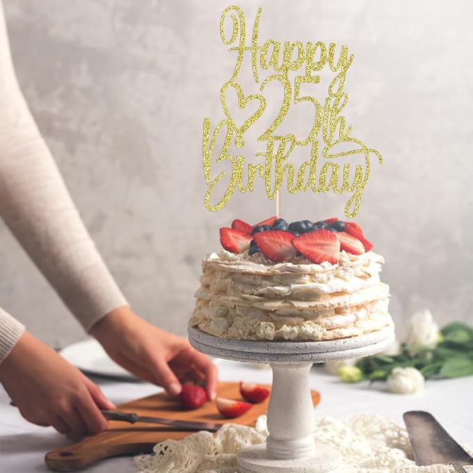 Gold Glitter Happy 25th Birthday Cake Topper - Cheers to 25 Years Cake Topper, 25 & Fabulous Cake Decoration for Hello 25th Birthday Anniversary Party Cake Decorations Supplies