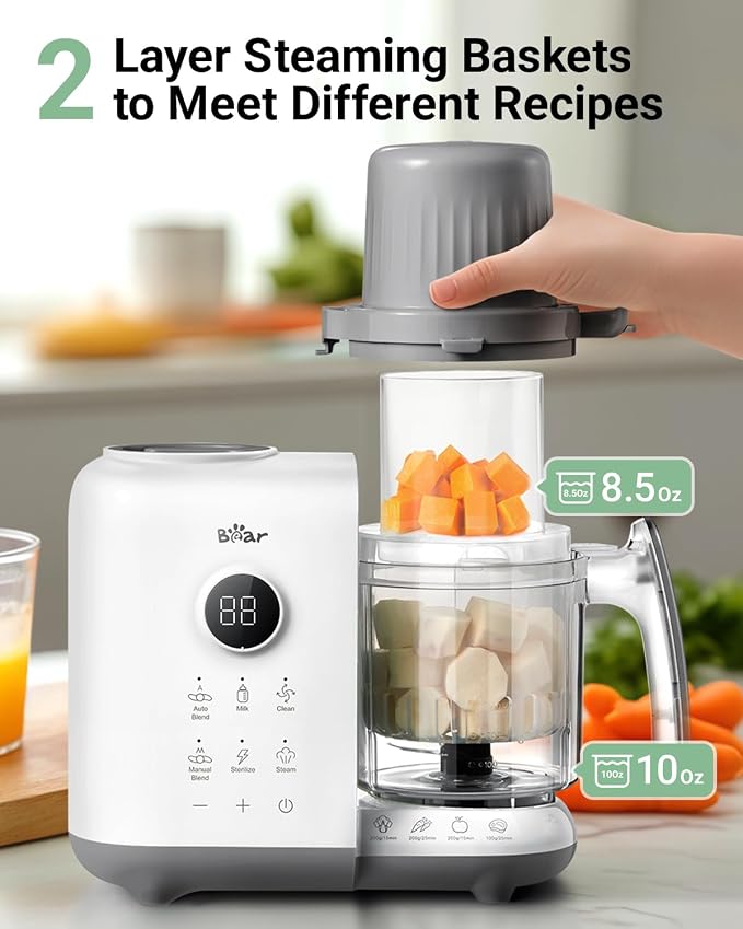 Bear Baby Food Maker with 18.5oz Dual-Layer Steam Baskets, OneStep Baby Food Processor Steamer Puree Blender Grinder Mills, Auto Cooking Grinding&Sterili-zing for Healthy Homemade Baby Food, BPA-Free