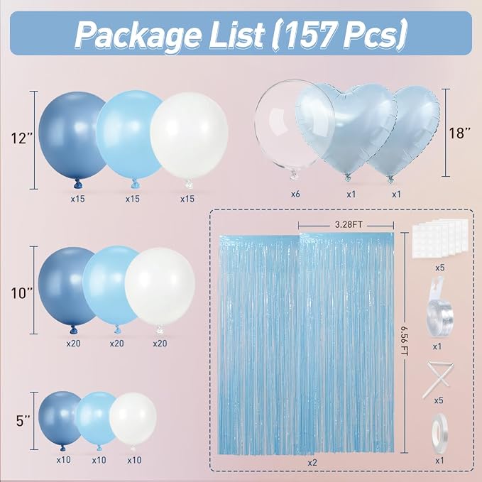 157PCS Pastel Blue and White Balloons Garland Arch Kit with Light Blue Fringe Curtain for Bridal Baby Shower Birthday Engagement Wedding Winter Wonderland Dance Party Decorations