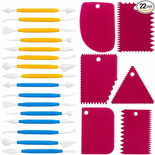 DaKuan Fabulous Cake Scraper Smoother and Fondant Kit - 6 Pcs Decorative Scrapers Polisher and 16 Pcs Modeling and Sculpting Tools