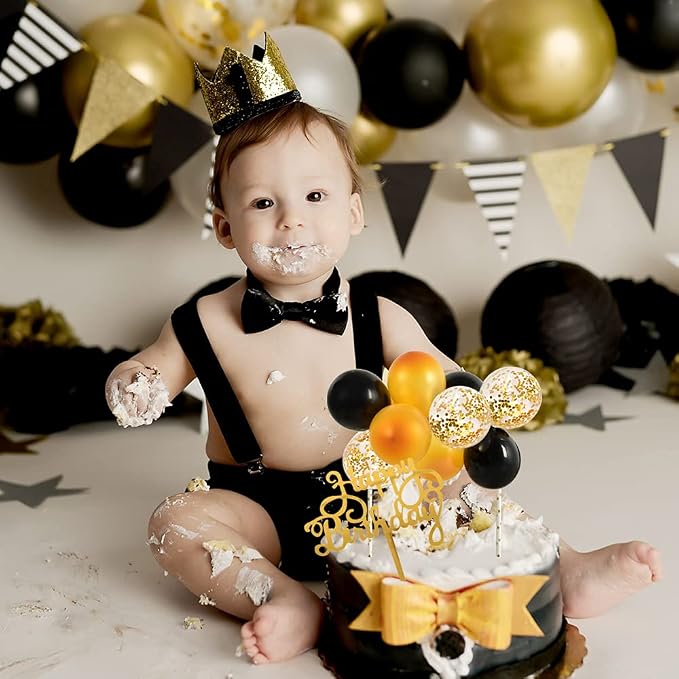 BEISHIDA Happy Birthday Cupcake Toppers - Black Gold Mini Balloon Cloud Birthday Cake Decorations for Boys Men Anniversary Party Decorations