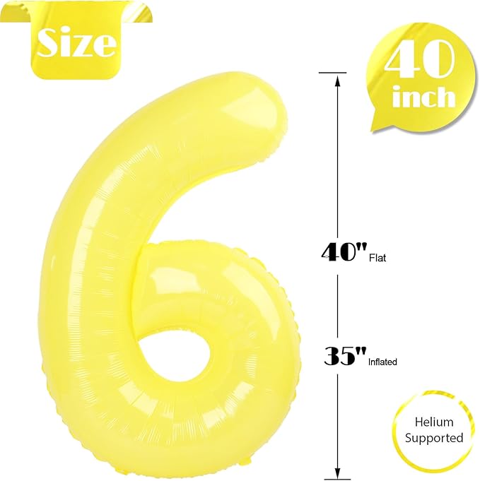 Yellow Number 6 Balloon 40 Inch, 6th Birthday Party Decorations for Children, Giant 6 Foil Balloon for Party Supplies