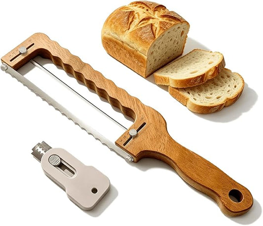 Solid Walnut Wood Bread Bow Knife & Bread Lame Set | Adjustable Bread Slicer for Even Slices, Ultra Sharp Serrated Fiddler Knife for Artisan Sourdough, Homemade Loaves & Cakes, Ergonomic Design