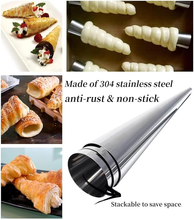 Cream Horn Molds, 16 Pack 5 Inch Pastry Roll Molds with Piping Bags Reusable, Cleaning Brush, Long Cream Icing Piping Nozzle Baking Accessories Tool for Mum and Baker