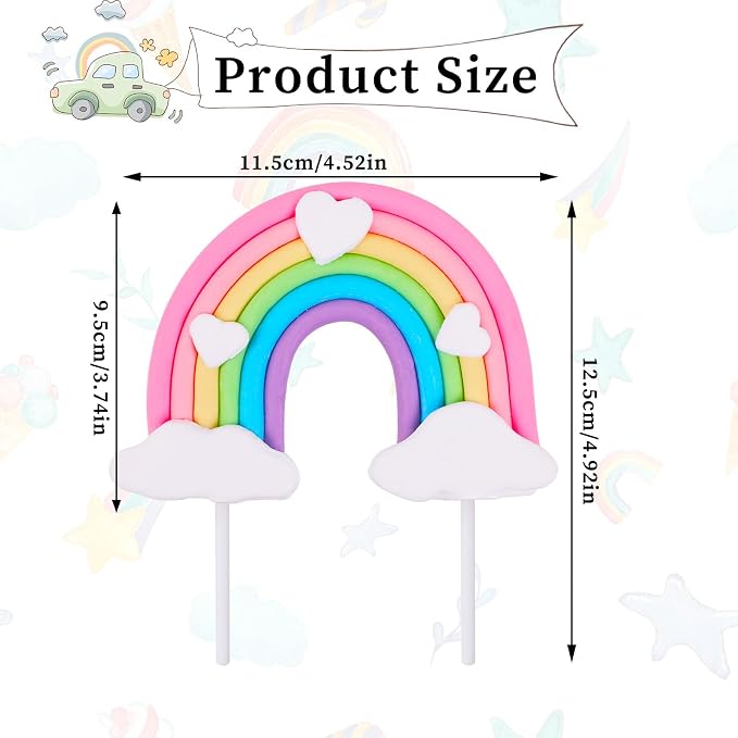 Rainbow Cake Topper, Cute Colorful Cloud and Heart Rainbow Cake Decoration Natural Sky Theme Party Decorations Soft Pottery Cake Decoration Supplies for Boys Girls Happy Birthday Party Wedding