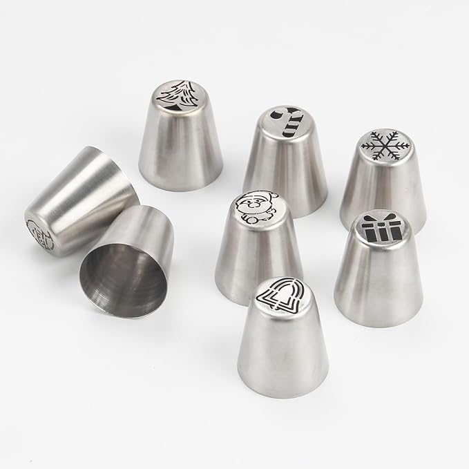 8PCS Christmas Russian Icing Tips Set, Stainless Steel Piping Nozzles for Cake, Cupcake Cookie Decorating – Includes 8 Creative Festive Frosting Tips with Christmas Designs