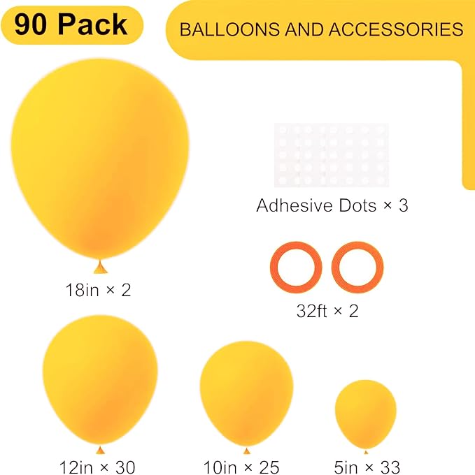 Voircoloria 90pack Lemon Yellow Balloons Different Size 18/12/10/5 Inch Yellow Balloon Garland Arch Kit for Graduation, Wedding, Birthday, Princess Theme, Baby Shower, Anniversary Party Decorations