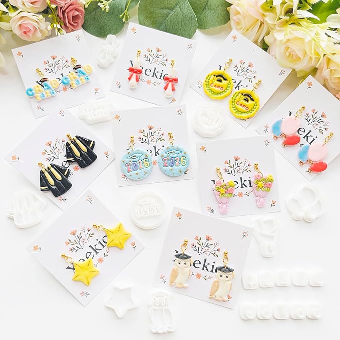 Graduation Polymer Clay Cutters & Stamps Set - 19pcs 0-9 Numbers, GARD/2026 Seals, Owl, Cap, Gown, Balloon for DIY Earring Jewelry, Soft Clay Crafts & Class Party Supplies