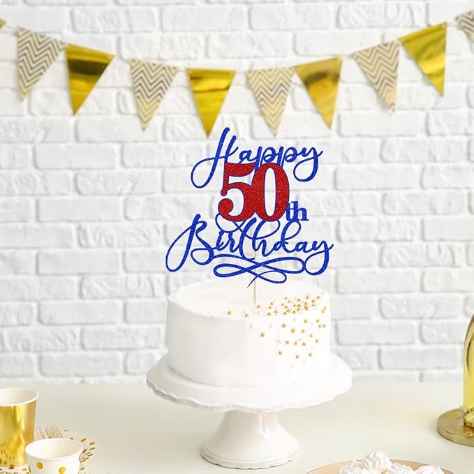 Happy 50th Birthday Cake Topper,Deep blue font red Numbers 50th Birthday Cake Decoration,Hello 50, Cheers to 50 Years/50th Anniversary,50& Fabulous Party Decoration