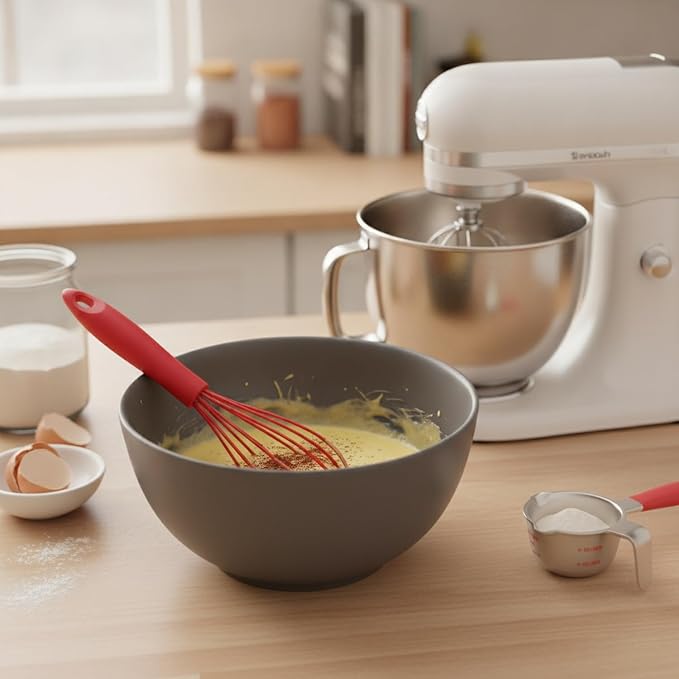Curved Silicone Whisk, 10.2-Inch Flexible Mixing Tool for Batters and Eggs, Red