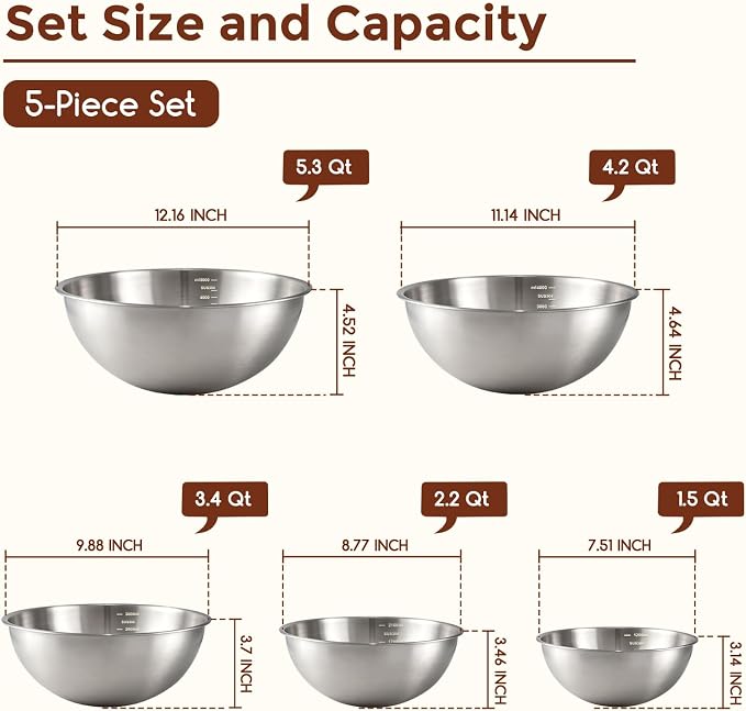 Gronivex 304 Stainless Steel Mixing Bowls, 5-Piece (1.5-5.3 Qt) | Thicker-Gauge, Food-Grade Metal, Stackable Nesting & Space-Saving – Ultimate for Large Family Baking or Party Cooking