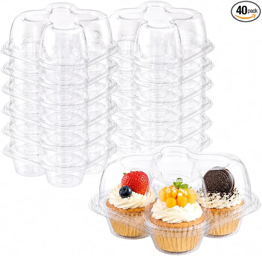 2/4/6 Count Cupcake Containers with Hinged Airtight Lids, Clear Plastic Cupcake Boxes, Stackable Single Cupcake Holders for Frosted Cupcakes or Muffins (40, 4 Count)