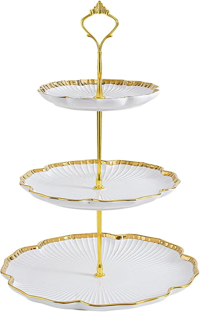 3 Tier Porcelain Serving Tray with Elegant Floral Gold Trim - Embossed Food Grade Tiered Cupcake Stand - Serving Stand for Parties & Weddings & Baby Showers