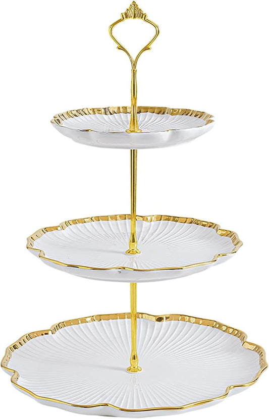 3 Tier Porcelain Serving Tray with Elegant Floral Gold Trim - Embossed Food Grade Tiered Cupcake Stand - Serving Stand for Parties & Weddings & Baby Showers