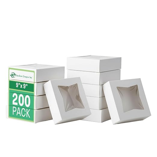 SCT White Window Bakery Box (200 Pack) 9x9x2.5, Auto Pop-up Bakery Carrier for Pies, Donuts, Pastries, White with Clear Lid, 24133