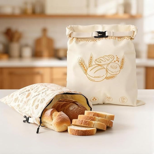 Bread Bags for Homemade Bread, 2 Pack XL Reusable Beeswax Organic Linen Cotton Sourdough Bags with Zipper Seal to Keep Bread Fresh (ecru and multicolored)
