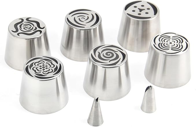 10Pcs Extra Large Russian Piping Tips Set, Stainless Steel Rose Flower Nozzles for Cake Decorating, Includes 6 Extra Large Flower Tips, 2 Leaf Tips, 2 Cloth Piping Bags, Baking Tools