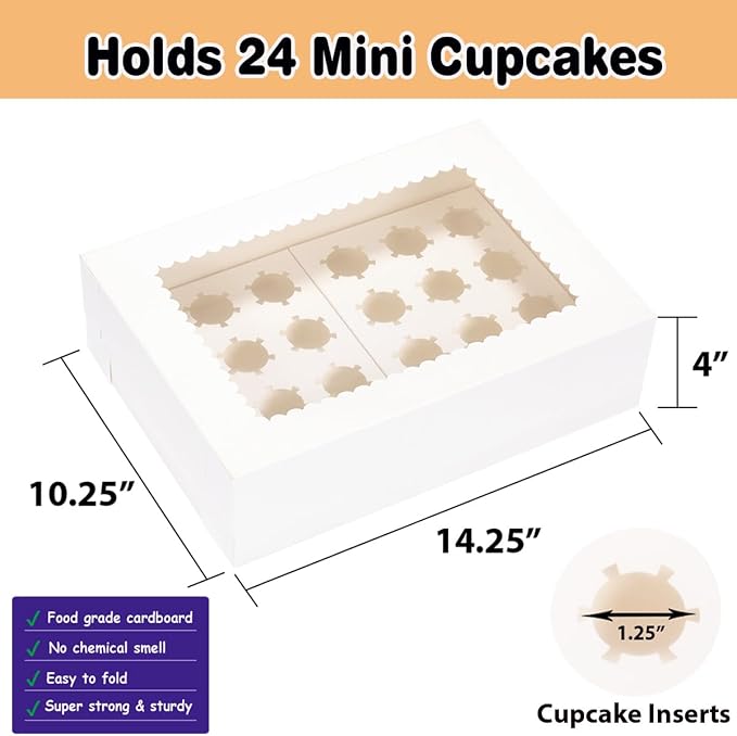 JJO Mini Cupcake Box 5 Pack,Holds 24 Mini Cupcakes,Cupcake Holder, 14x10x4 Inch White Bakery Boxes with Window for Birthday Holiday Party Bakery