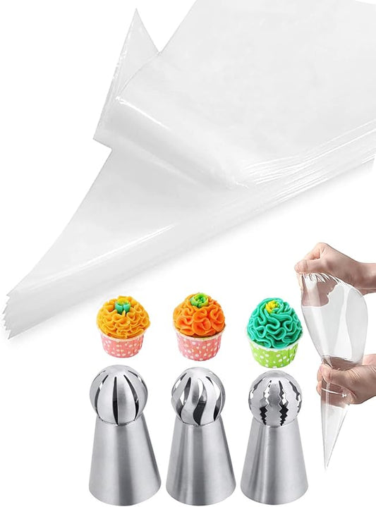 Russian Ball Piping Tips Set with Bags,3 Pcs Russian Piping Tips Flower for Cake Decorating & 20 Disposable Pastry Bags 12inch for Frosting