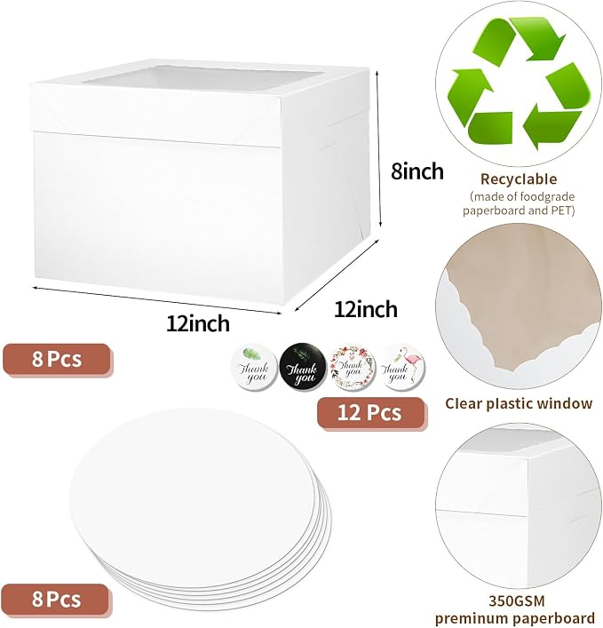 16pcs 12x12x8 Inches Cake Boxes,8pcs White Bakery Boxes with Window and 8pcs Boards,Cajas storage for 12 inch Cake box, Disposable Pie Box, Father's Day,Wedding, Birthday, Party