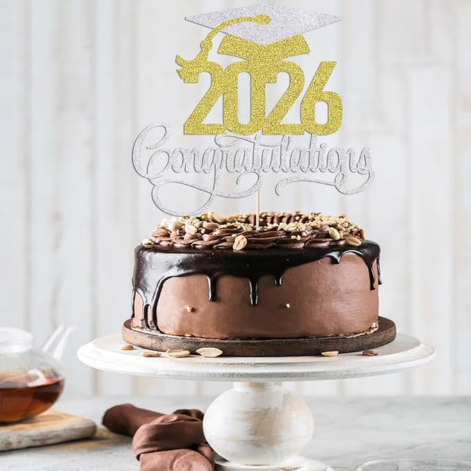 Silver-gold 2026 Congratulations Graduation Cake Topper,Congrats Grad Cake Decor - 2026 High School/College/Senior Graduation Party Decorations Supplies