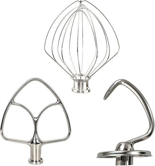 3-Piece Stainless Steel Mixer Attachment Kit for KitchenAid 4.5 and 5 QT Tilt-Head Stand Mixers, Includes K45WW Wire Whip, Dough Hook & K45B Flat Beater, Dishwasher Safe | Dishwasher Safe