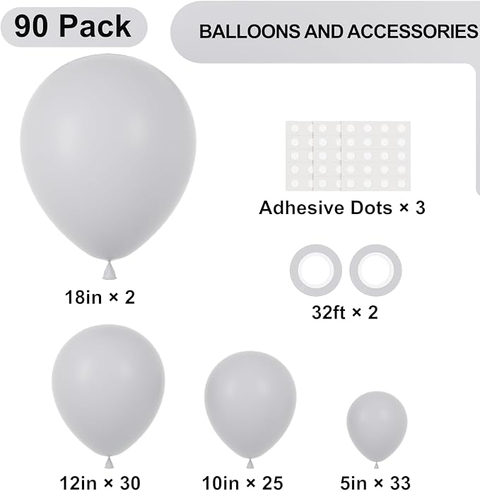 Voircoloria 90pack Gray Balloons Different Size 18/12/10/5 Inch Pastel Grey Balloon Garland Arch Kit for Graduation, Wedding, Birthday, Gender Reveal, Baby Shower, Bridal Shower Decorations