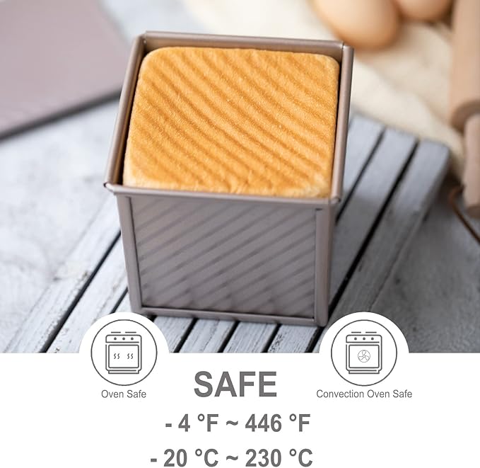 CHEFMADE Mini Pullman Loaf Pan with Lid, 0.55Lb Dough Capacity Non-Stick Rectangle Corrugated Toast Box for Oven Baking 4" x 4" x 3.9"(Champagne Gold)
