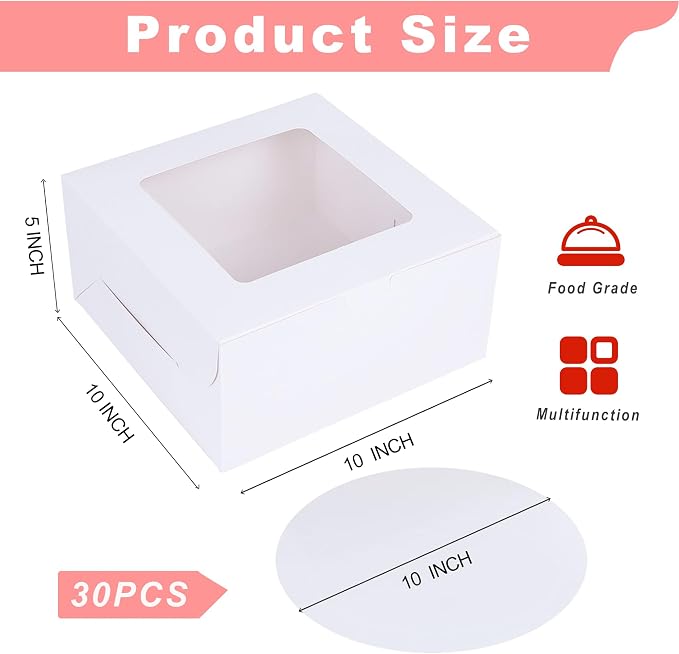 Zzrywuty White 10x10x5 Inches Cake Box with Cake Boards (60Pcs,30Pcs Boxes and 30Pcs Boards) Bakery Boxes with Clear Window for Cake,Dessert,Cookie,Birthday,Party,Wedding