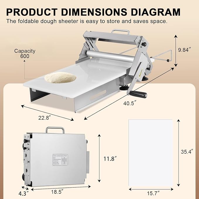 40.9''x22.8 Folding Dough Sheeter, Manual Dough Roller Machine, Thicknesses from 0 to 25 mm, Stainless Steel Hand Crank Dough Roller for Croissants, Pizza Pasta Pastry Fondant Type400