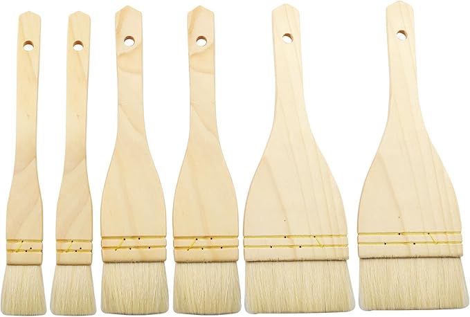 6Pcs Flat Hake Brushes, Sheep Hair Bristles, Paint Brush Set for Watercolor, Wash, Pottery Painting - Baking Pastry Brush & BBQ Grill Brush for Kitchen (1/2/3 Inch)