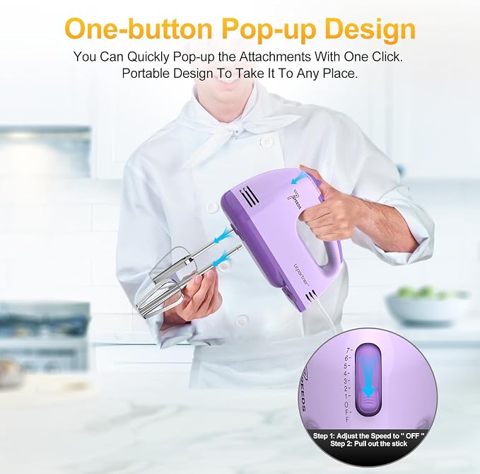 LILPARTNER Hand Mixer Electric, Ultra Power Kitchen Hand Mixer With 7-Speed & 5 Stainless Steel Accessories for Whipping Dough, Cream, Cake, Dishwasher Safe, Light Purple