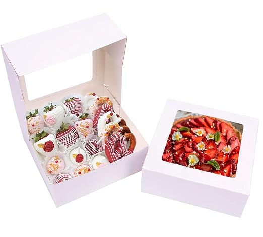 NPLUX 8x8x3 inch Bakery Boxes with Window Chocolate Strawberry Boxes for Pie Cake Cupcake Cookie Macaron Breakable Heart, Paper Charcuterie Box (30 Pack,White)