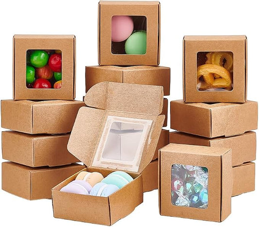 BENECREAT 30 Packs 2.5x2.5x1.2inch Square Brown Kraft Paper Boxes Gift Candy Boxes with Clear Window for Wedding Party Favor Treats, Bakery and Jewelry, Festival Gift Packaging