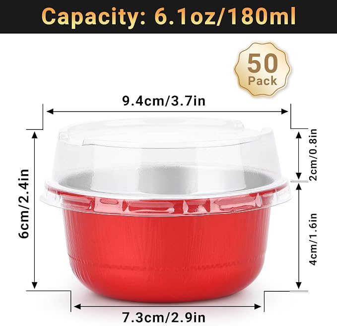 Beasea Disposable Baking Cups With Lids, 50 Pack 6.1oz 180ml Aluminum Foil Ramekins Round Baking Mini Cupcake Oven Cups for Party - Red