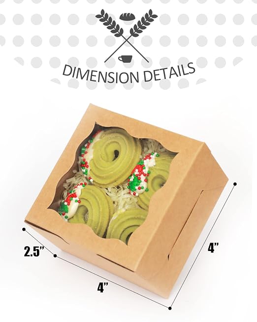 qiqee Bakery Box with Window 4*4*2.5inch/100Packs Brown Macaron Boxes Small Donut Pastry Boxes for Party Mini Cookie Boxes(5 Diferent Gift Include)