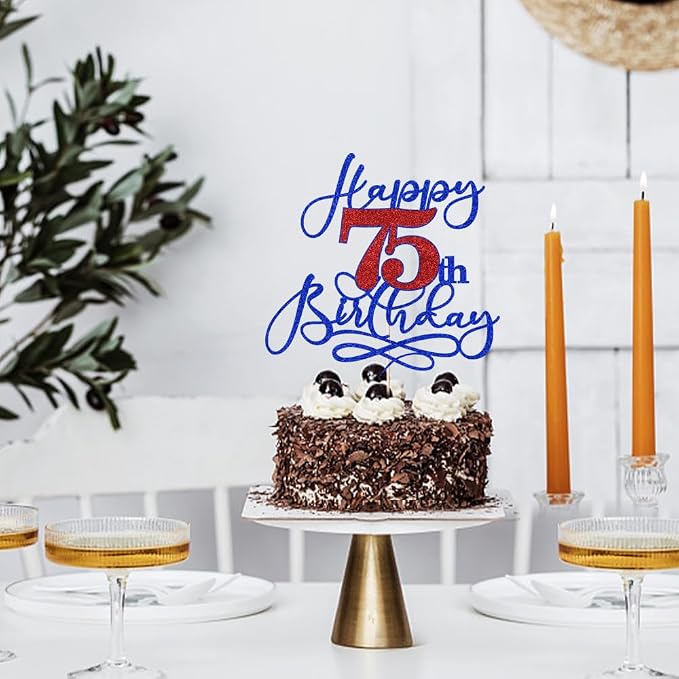 Happy 75th Birthday Cake Topper,Black font Golden Numbers 75th Birthday Cake Decoration，Hello 75, Cheers to 75 Years/75th Anniversary,75& Fabulous Party Decoration