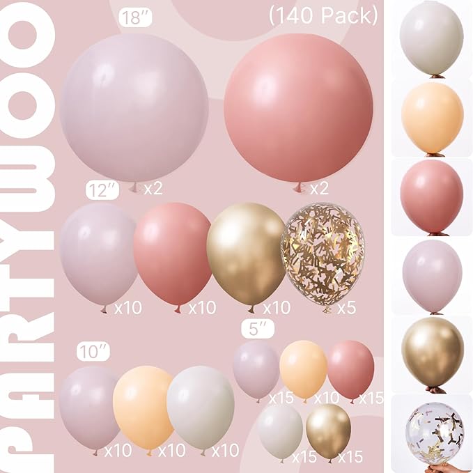 PartyWoo Dusty Pink Balloon Arch Kit Garland 140pcs Different Sizes of 18 12 10 5 Inch Blush Rose Pink Nude White Sand Gold Confetti Boho Balloons for Baby Shower Birthday Wedding Party Decorations