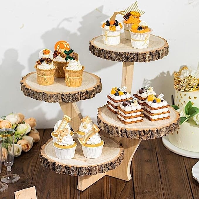 15 in Brown 4 Tier Round Natural Wood Cupcake Dessert Stand | Wooden Cup Cake Stand for Birthday Wedding Party Events Reception Catering Decorations Supplies