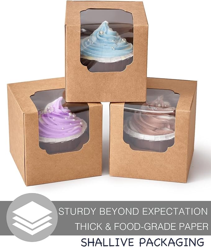 Individual Cupcake Boxes Brown with Window 30pcs for Mini and Standard Cupcakes, Auto-Popup Mini Cupcake Containers with Insert 3.5" x 3.5" x 3.5" for Birthday Baby Shower Gifting