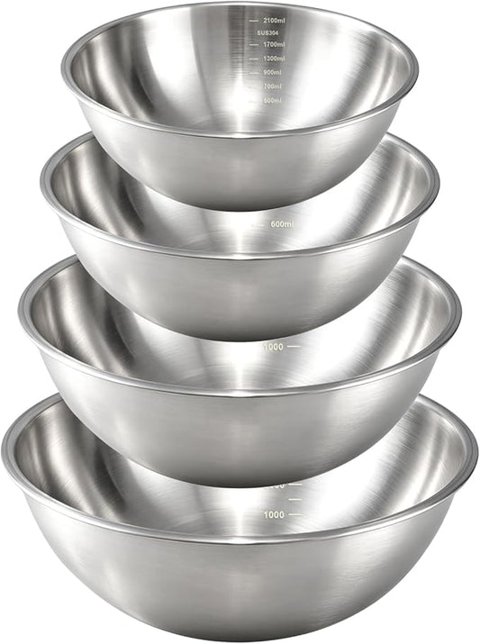 Gronivex 304 Stainless Steel Mixing Bowls, 4-Piece (1.5, 2.2, 3.4 & 4.2 Qt) | Thicker-Gauge, Food-Grade Metal, Stackable Nesting & Space-Saving – For home baking, salads, cooking, and RV or grilling use