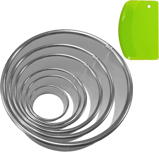 7 Pcs Round Cookie Cutter Set, 6 Pcs Stainless Steel Biscuit Cutter Set(2, 3, 3.5, 4, 5, 6 Inch) with Plastic Dough Scraper Green, Baking Tools for Cookie Biscuit Pastry