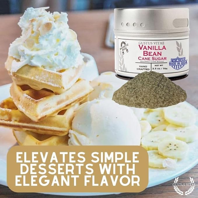 Gustus Vitae - Vanilla Bean Cane Sugar - Artisanal Infused Sugar - 1:1 Replacement For Plain Sugar - Gourmet Sweetener - All Natural - Small Batch - Magnetic Tin