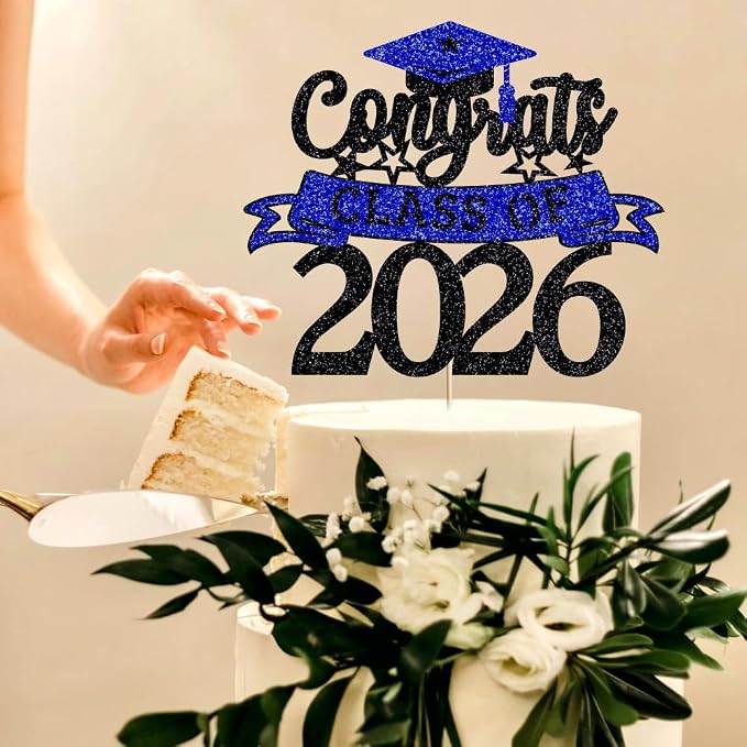 Glitter Class of 2026 Cake Topper，Congrats Grad Decorations， 2026 Happy Graduation High School/College/University Graduation Party Supplies Black and Dark Blue