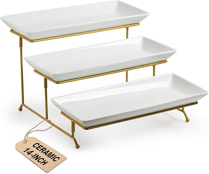 LAUCHUH Large 3 Tier Serving Stand Tiered Serving Trays with Collapsible Sturdier Rack Porcelain Serving Trays and Platters for Fruit Dessert Presentation Father's Day Party Display Set, 14 Inch