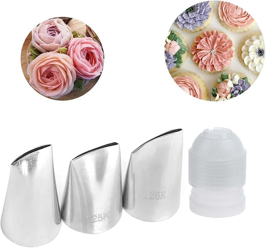 124K, 125K, 126K Large Petal Piping Tips Set with Coupler for Buttercream Flowers, florals, Roses, Ruffles, and Elegant Cake Borders