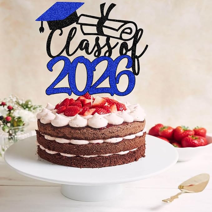 Gold Class of 2026 Congrats Grad Cake Topper Glitter Graduation Party Supplies - High School College Graduates -College Graduate Cake Topper Decorations (Class of 2026 Dark blue.)